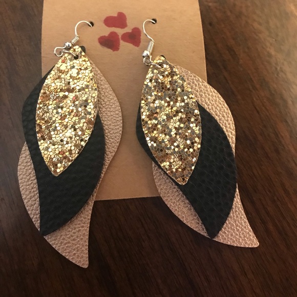 BN long  tri- layer dangle earrings gold and black leather with shimmering gold - Picture 1 of 3